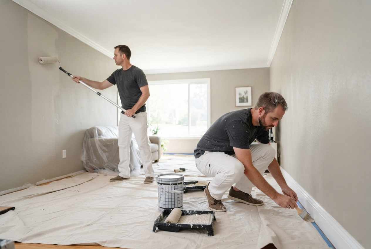 Two Allstar Painting crew members rolling and cutting in walls together during an interior repaint, with drop cloths covering the floor