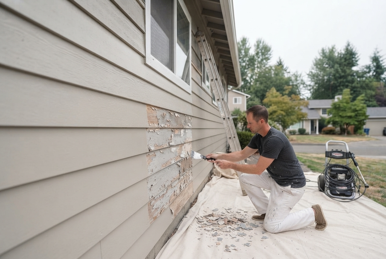 Painter scraping peeling paint from exterior siding and prepping the surface before repainting a Little Rock home