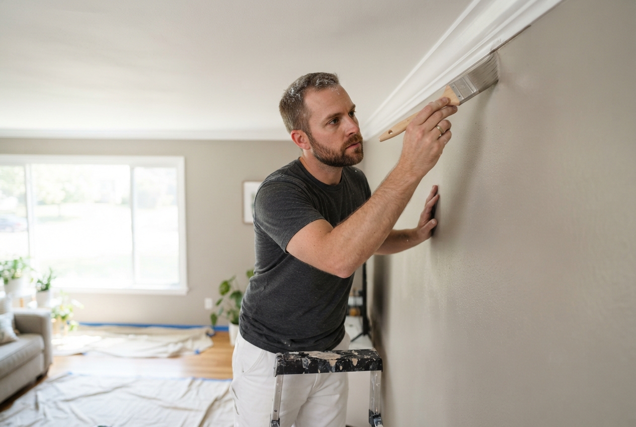 Painter using a brush to cut a sharp line along crown molding in a Little Rock living room during an interior repaint